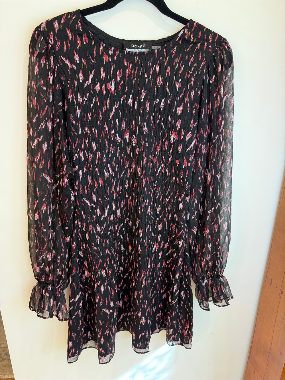 DÔ+BE Black Mini Dress, Pink & White Abstract Print, Smocked Top/Sheer Sleeves